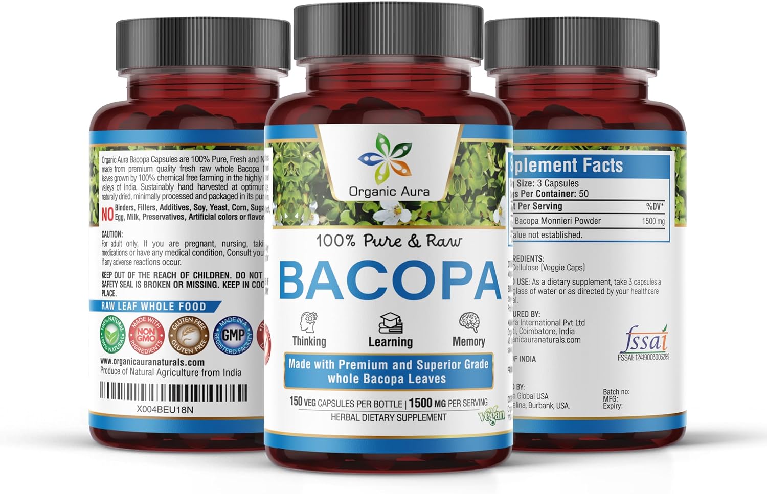 150 Veg HPMC Organic Aura BACOPA Capsules - 1500mg for Mental Alertness, Memory & Cognition - Herbal Supplement for Calm & Focus - BoostGo Australia