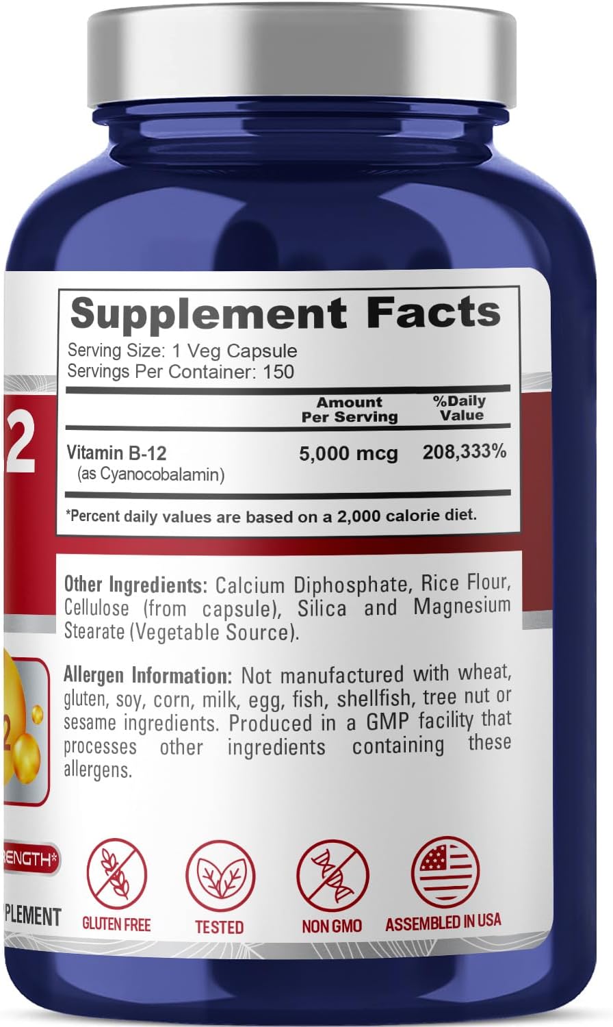 150 Veggie Capsules of NusaPure Vitamin B12-5000 MCG - Non-GMO & Gluten Free - High Potency B 12 Supplement