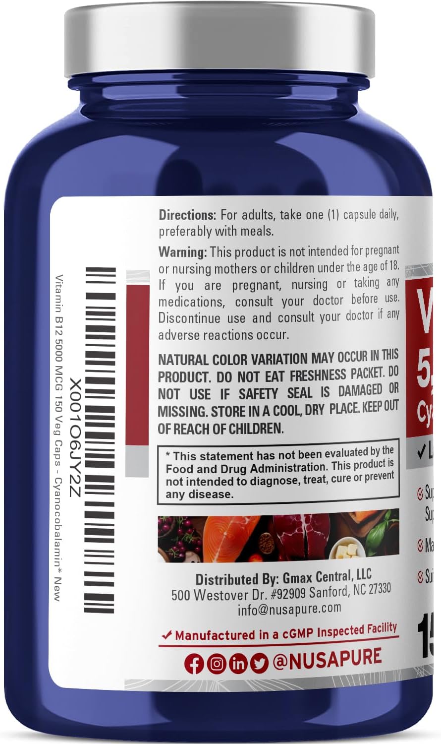 150 Veggie Capsules of NusaPure Vitamin B12-5000 MCG - Non-GMO & Gluten Free - High Potency B 12 Supplement