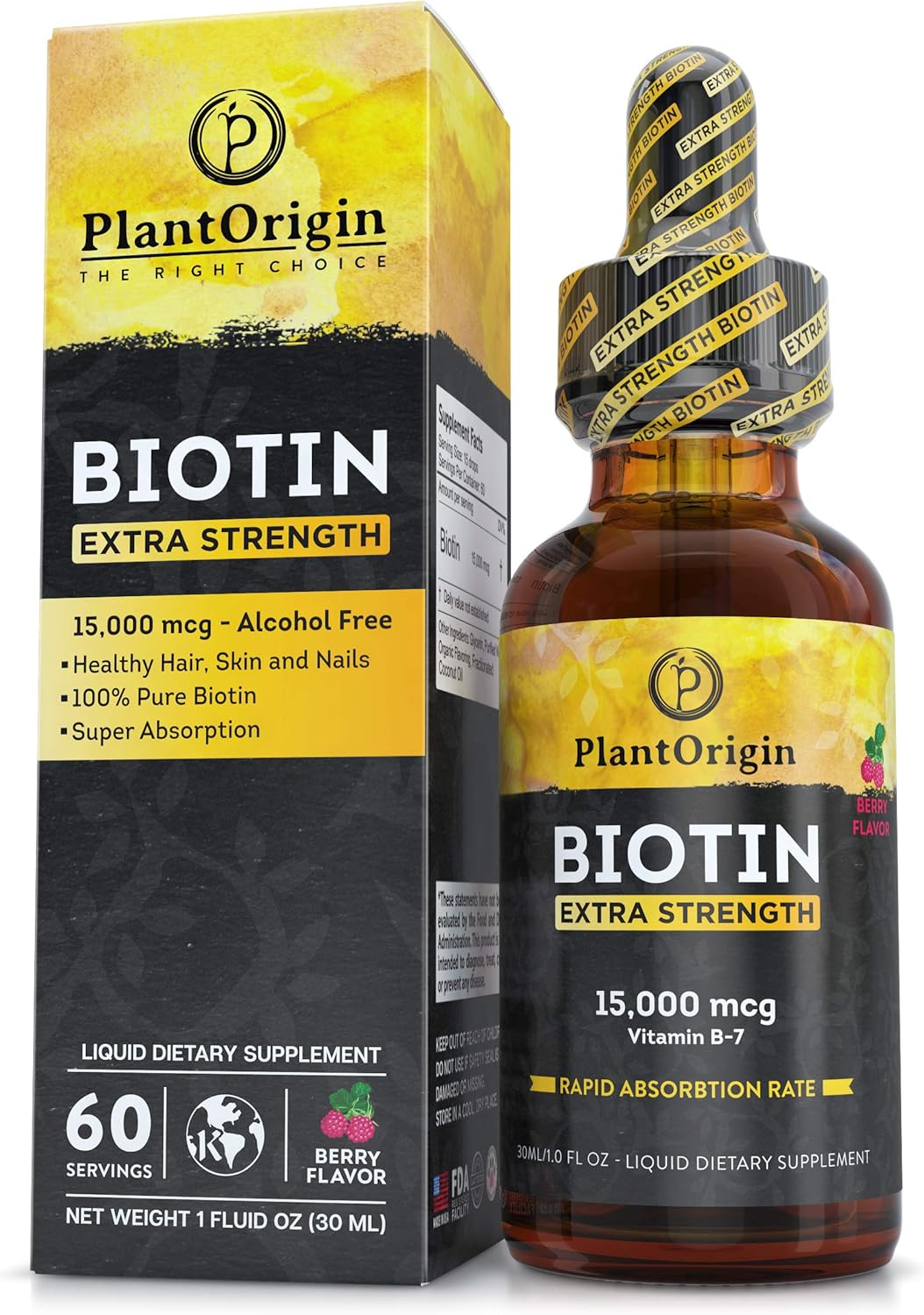 15,000 MCG Biotin Liquid Drops for Hair Growth, Skin & Nails - Vegan & Kosher, Berry Flavor - 5X Absorption - 60 Servings
