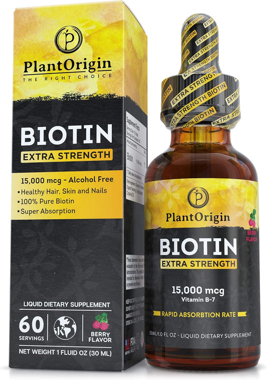15,000 MCG Biotin Liquid Drops for Hair Growth, Skin & Nails - Vegan & Kosher, Berry Flavor - 5X Absorption - 60 Servings