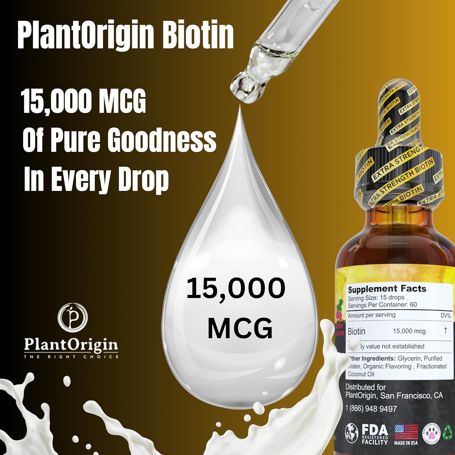 15,000 MCG Biotin Liquid Drops for Hair Growth, Skin & Nails - Vegan & Kosher, Berry Flavor - 5X Absorption - 60 Servings