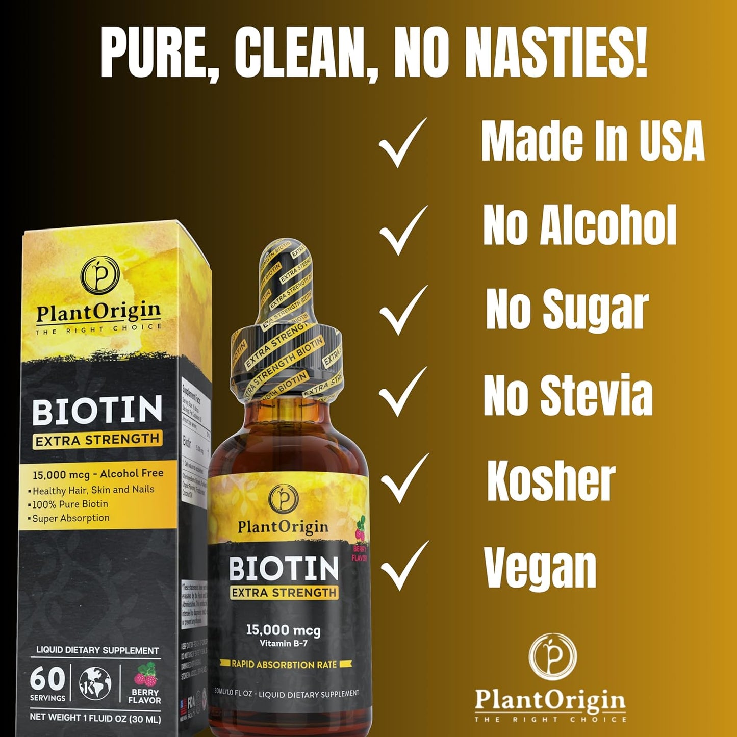 15,000 MCG Biotin Liquid Drops for Hair Growth, Skin & Nails - Vegan & Kosher, Berry Flavor - 5X Absorption - 60 Servings