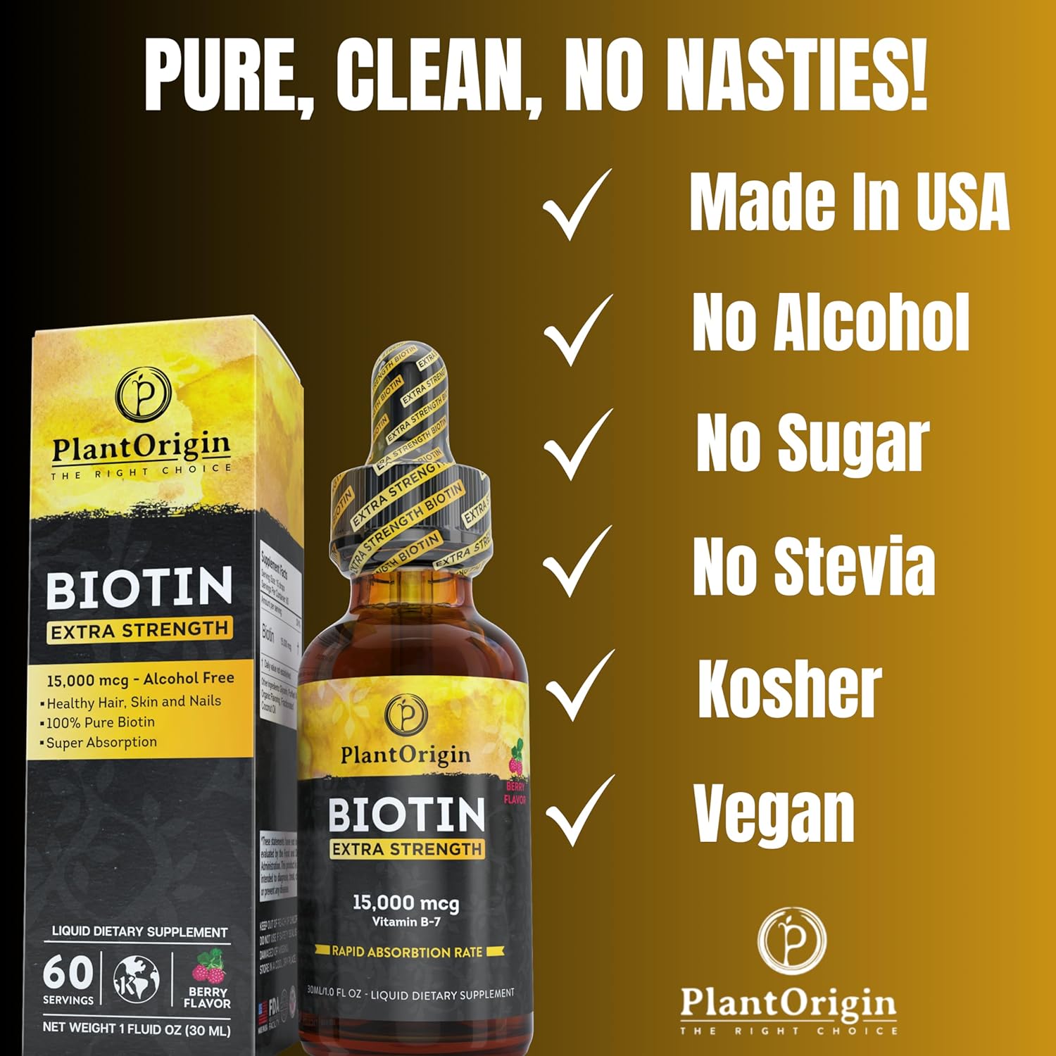15,000 MCG Biotin Liquid Drops for Hair Growth, Skin & Nails - Vegan & Kosher, Berry Flavor - 5X Absorption - 60 Servings