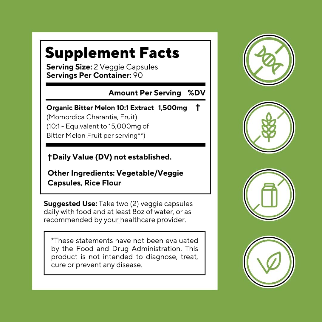 15,000mg Organic Bitter Melon Extract Capsules - Digestive, Gut & Heart Health Support - 180 Capsules, Non-GMO & Vegan