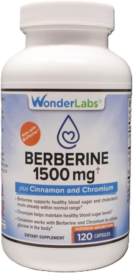 1500mg Berberine HCL + Cinnamon, Chromium, BioPerine - Glucose, Heart & Immune Health - 120 Capsules