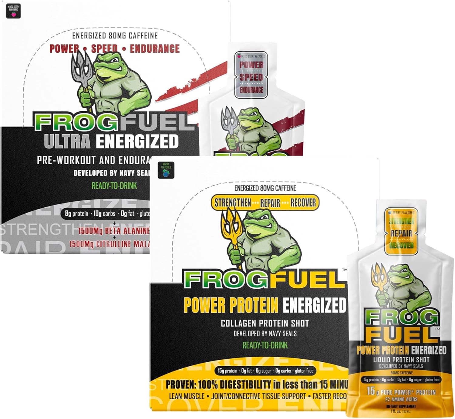 1500mg Beta Alanine Pre Workout Shot & 15g Protein Collagen Bundle - Energized Power for Pre & Post Workout, 1.2 oz Packets, 48 Pack