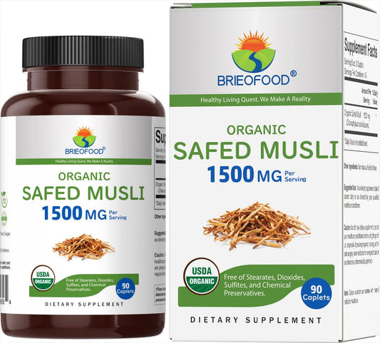 1500mg Brieofood Organic Safed Musli Tablets - 45 Servings, Vegetarian & Gluten Free
