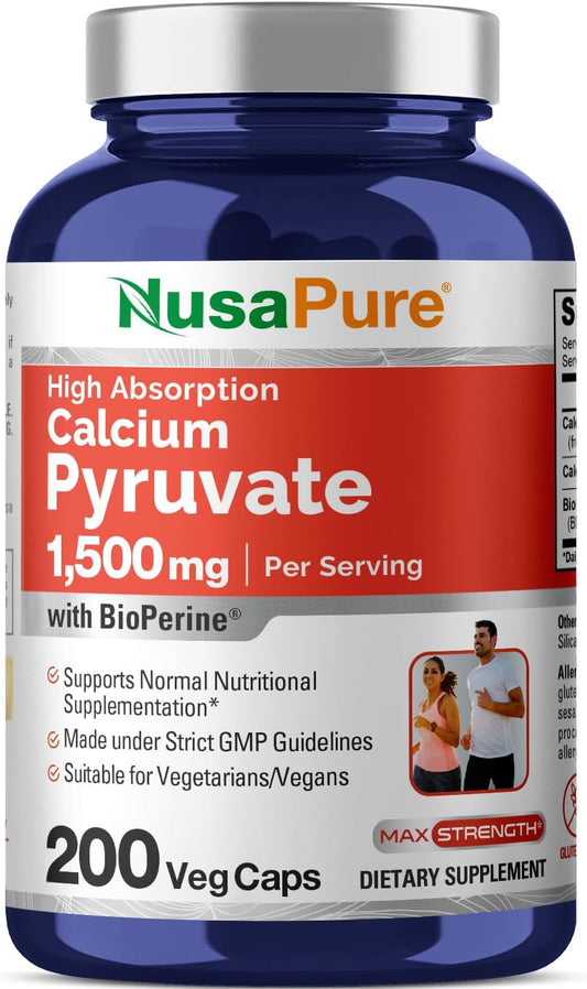 1500mg Calcium Pyruvate Supplement - 200 Vegan Capsules (Non-GMO, 750mg per Capsule)
