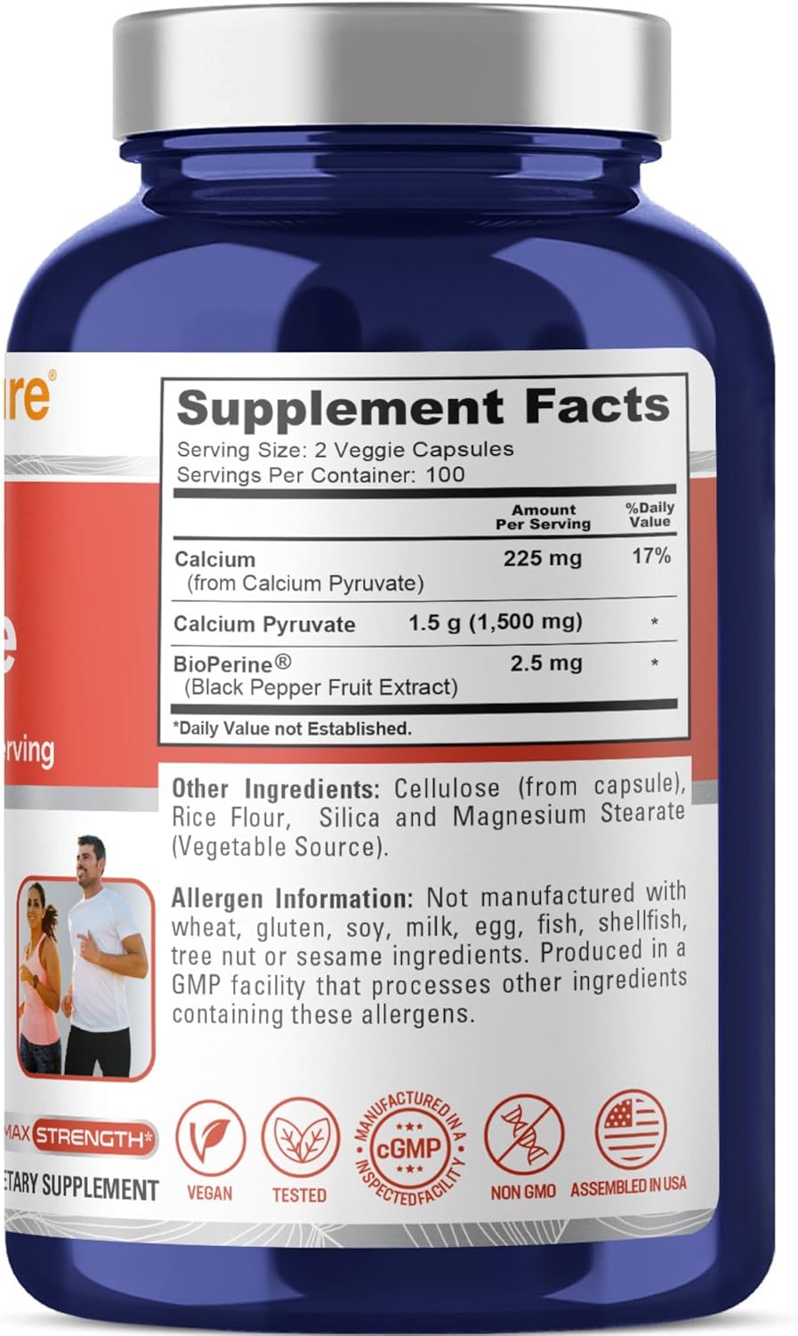 1500mg Calcium Pyruvate Supplement - 200 Vegan Capsules (Non-GMO, 750mg per Capsule)