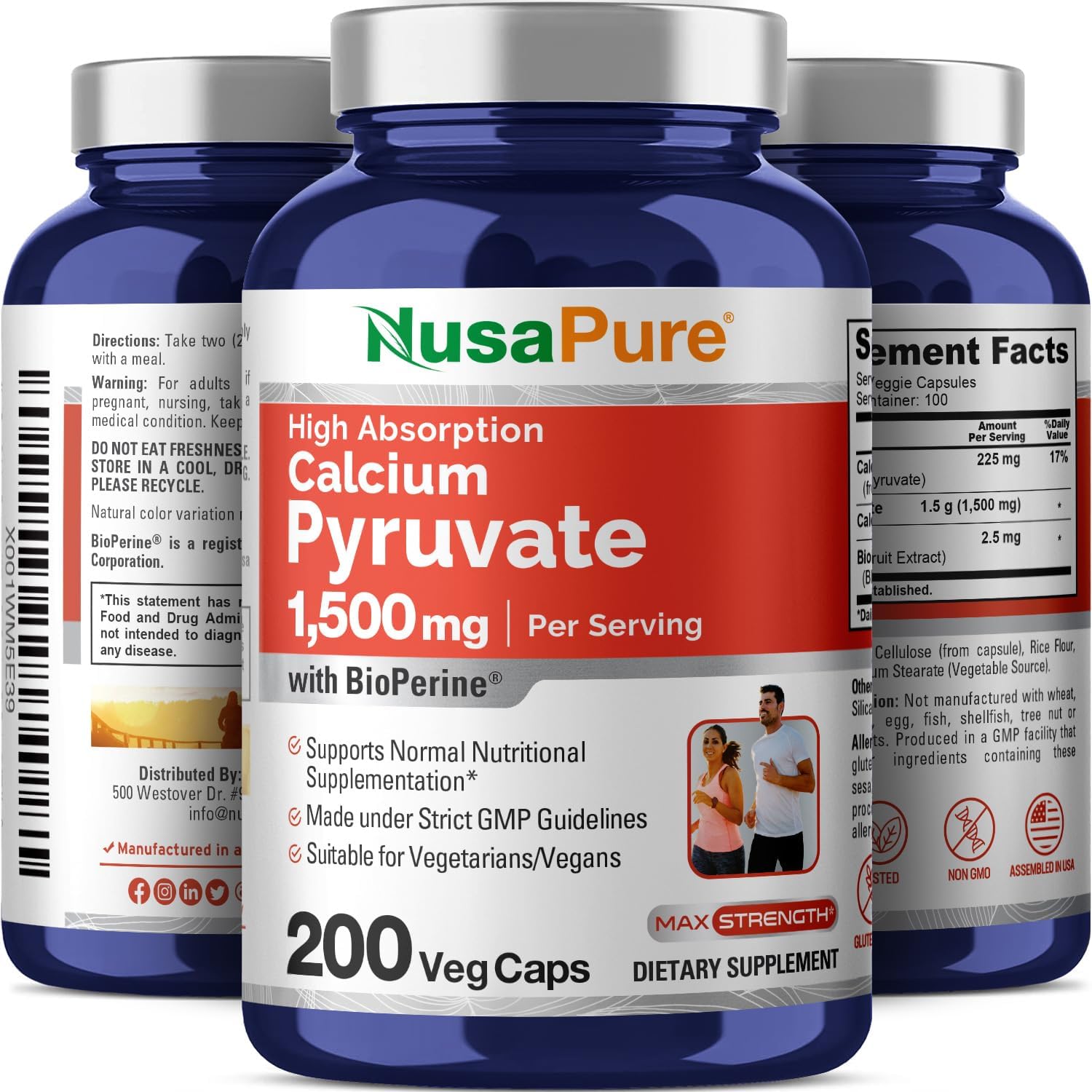 1500mg Calcium Pyruvate Supplement - 200 Vegan Capsules (Non-GMO, 750mg per Capsule)
