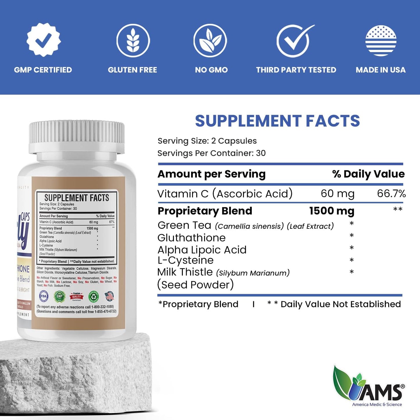1500mg Glutathione Supplement Capsules for Anti-Aging and Skin Lightening with Vitamin C and L-Cysteine