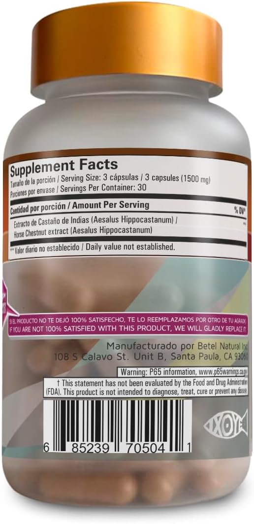 1500mg Horse Chestnut Capsules for Circulation - Betel Natural Premium Castano de Indias