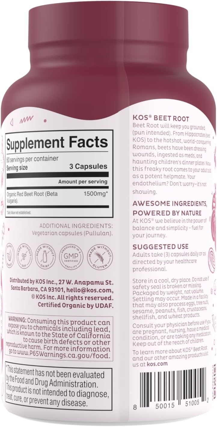 1500mg KOS Organic Beet Root Capsules - Promotes Active Lifestyle - Superfood Powder - 180 Capsules for Health
