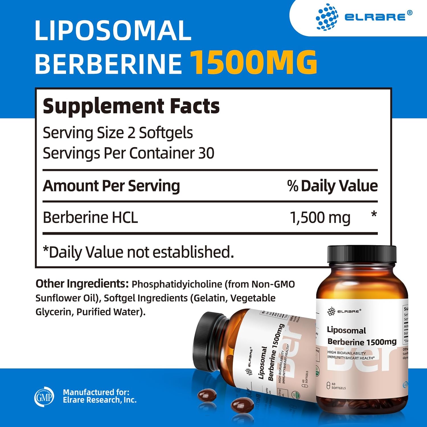 1500mg Liposomal Berberine HCL Supplement for Liver & Heart Health - AMPK Activator, Non-GMO, Gluten-Free - 60 Softgels for Men & Women