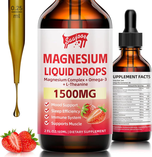 1500mg Magnesium Glycinate Liquid Drops with Vitamin B6, D3, L-Theanine, Omega-3 - Supports Night, Muscle, Bone, Mood - Strawberry Flavor - 2 Fl Oz Bottle