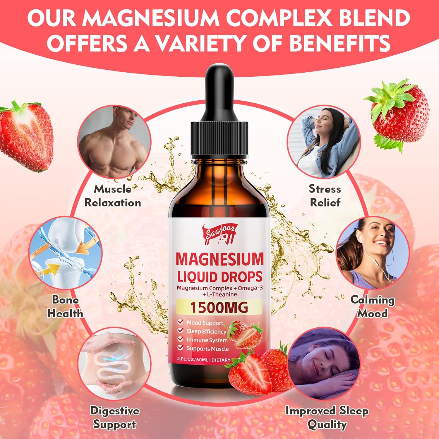 1500mg Magnesium Glycinate Liquid Drops with Vitamin B6, D3, L-Theanine, Omega-3 - Supports Night, Muscle, Bone, Mood - Strawberry Flavor - 2 Fl Oz Bottle