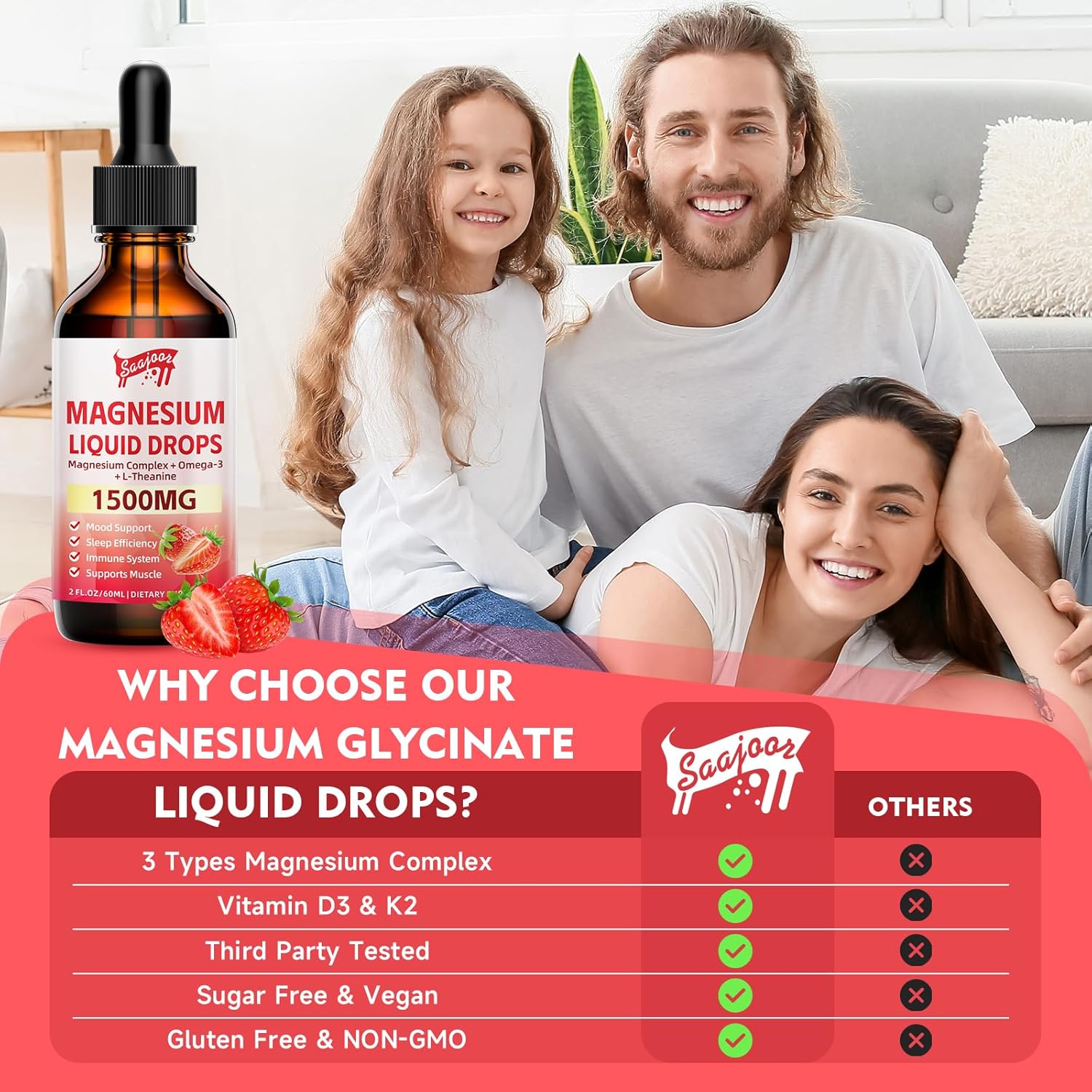 1500mg Magnesium Glycinate Liquid Drops with Vitamin B6, D3, L-Theanine, Omega-3 - Supports Night, Muscle, Bone, Mood - Strawberry Flavor - 2 Fl Oz Bottle