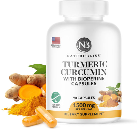 1500mg NaturoBliss Turmeric Curcumin Capsules with BioPerine - Non GMO & Gluten Free - 90 Count
