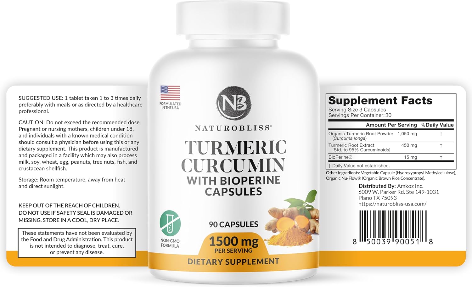1500mg NaturoBliss Turmeric Curcumin Capsules with BioPerine - Non GMO & Gluten Free - 90 Count