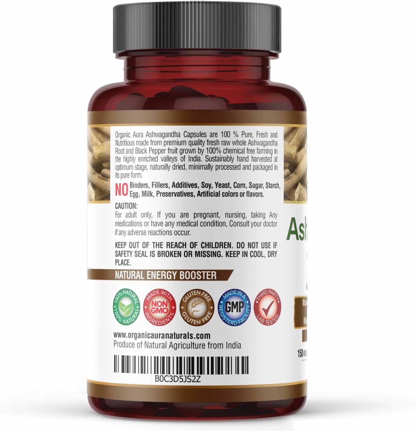 1500mg Organic Ashwagandha with Pepper Capsules - 150 Count, Non-GMO & Gluten-Free by Organic Aura International