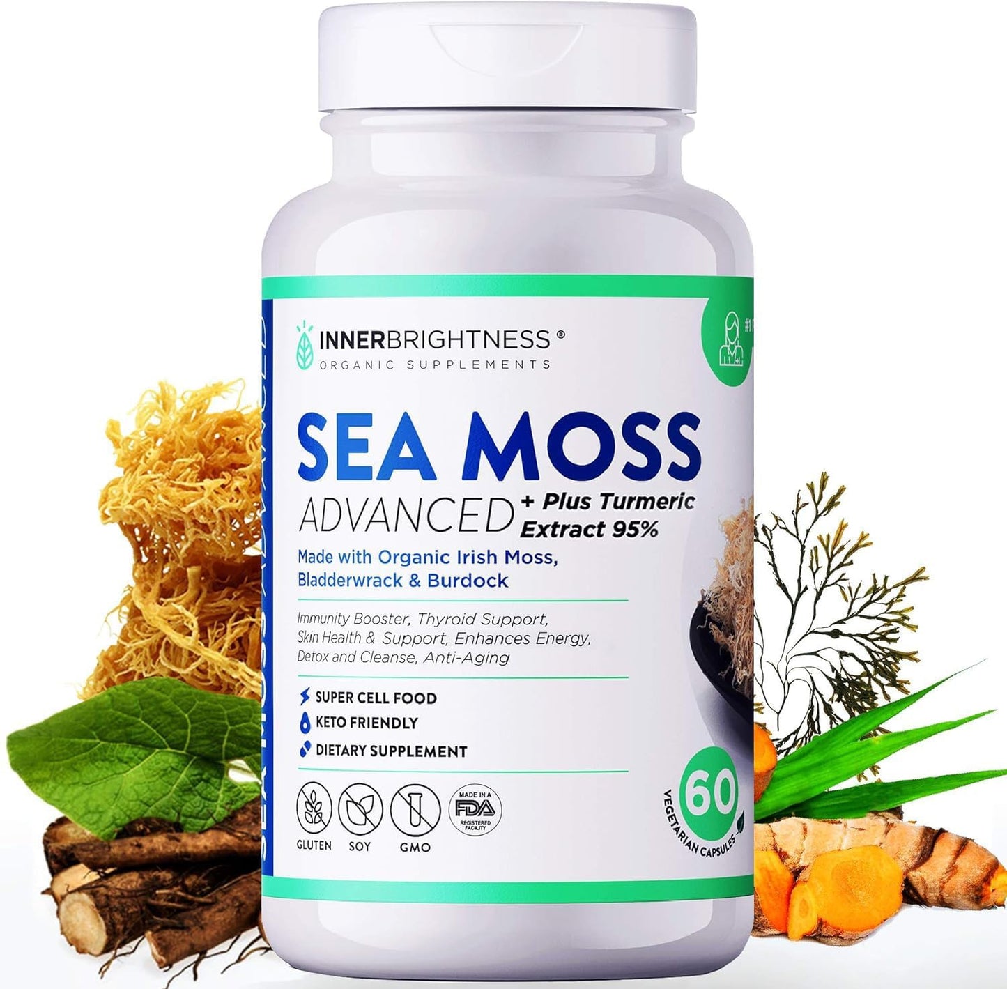 1500mg Organic Irish Sea Moss Capsules for Immune Support & Gut Health - With Turmeric, Bladderwrack, and Burdock Root - Non-GMO - Made in USA