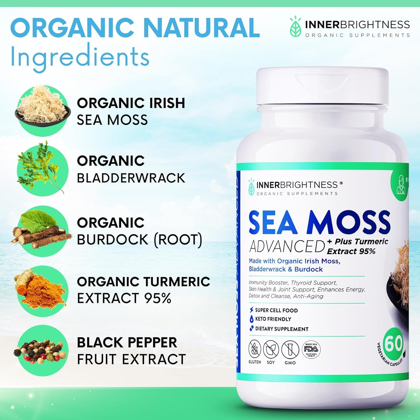 1500mg Organic Irish Sea Moss Capsules for Immune Support & Gut Health - With Turmeric, Bladderwrack, and Burdock Root - Non-GMO - Made in USA