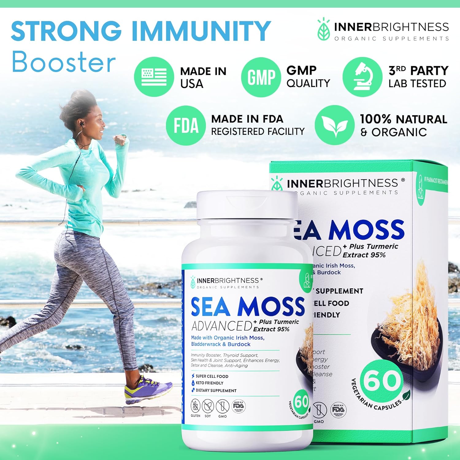 1500mg Organic Irish Sea Moss Capsules for Immune Support & Gut Health - With Turmeric, Bladderwrack, and Burdock Root - Non-GMO - Made in USA