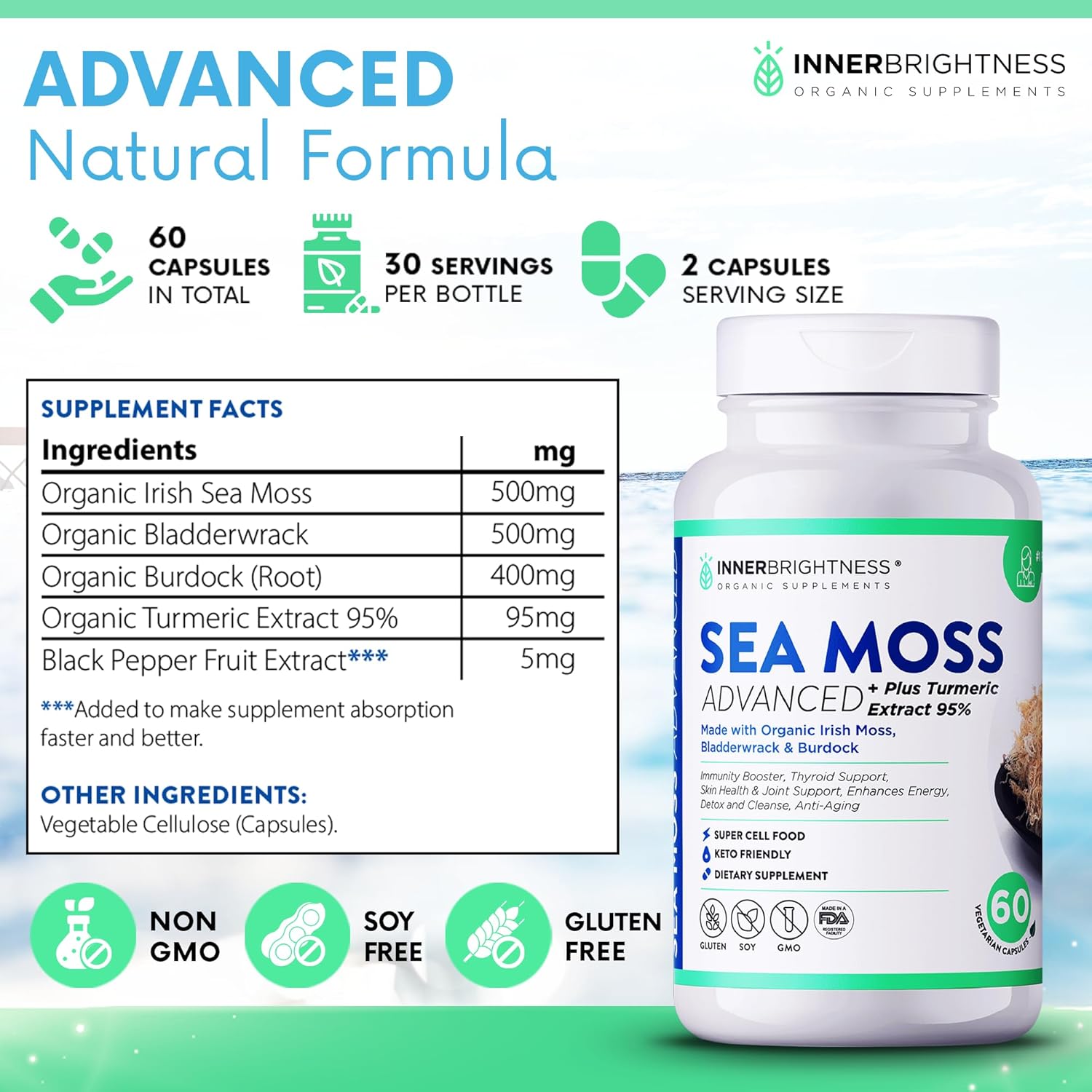 1500mg Organic Irish Sea Moss Capsules for Immune Support & Gut Health - With Turmeric, Bladderwrack, and Burdock Root - Non-GMO - Made in USA