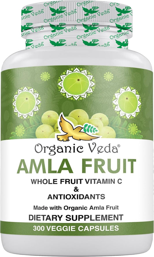 1500mg Organic Veda Amla Capsules - 300 Count Whole Fruit Amla Powder for Immunity, Skin Radiance - Vegan, Non GMO Raw Vitamin C Supplements