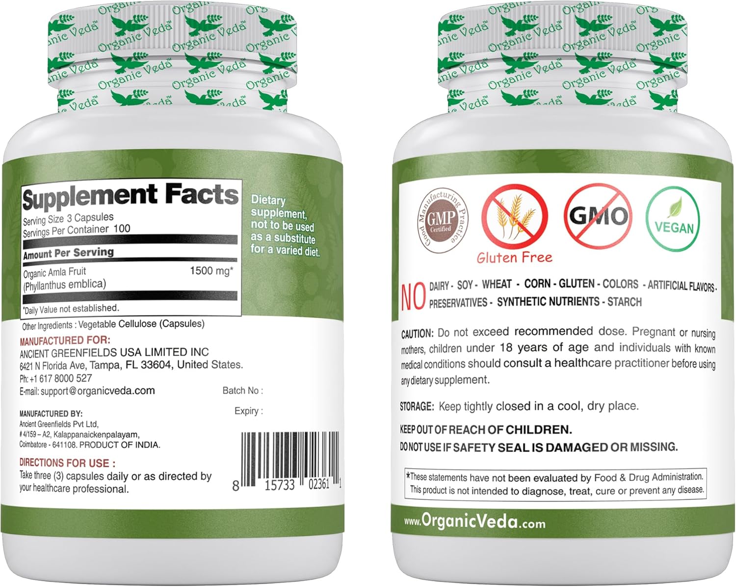 1500mg Organic Veda Amla Capsules - 300 Count Whole Fruit Amla Powder for Immunity, Skin Radiance - Vegan, Non GMO Raw Vitamin C Supplements