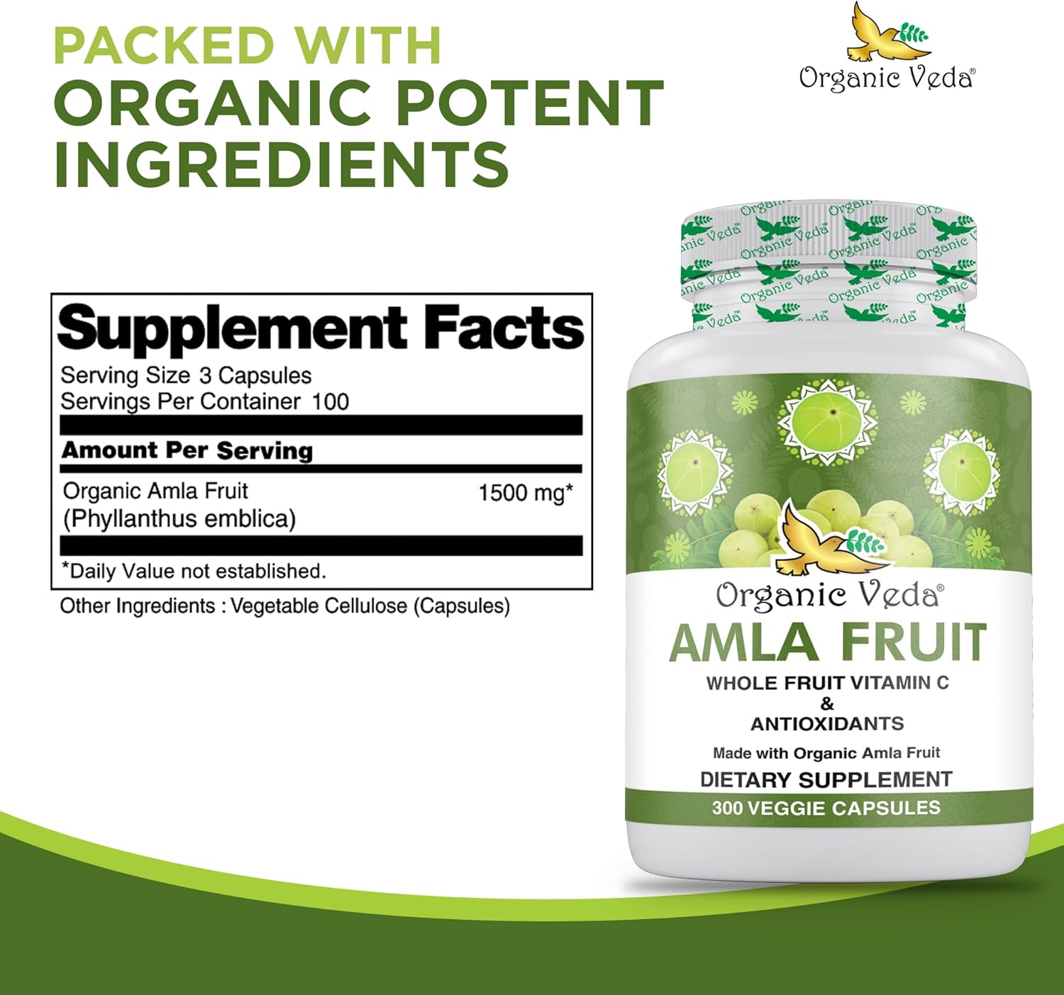 1500mg Organic Veda Amla Capsules - 300 Count Whole Fruit Amla Powder for Immunity, Skin Radiance - Vegan, Non GMO Raw Vitamin C Supplements
