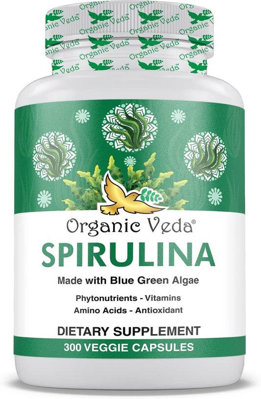 1500mg Organic Veda Spirulina Capsules - Green Superfood Supplement - Nutrient-Rich Blue-Green Algae - 300 Vegan Capsules