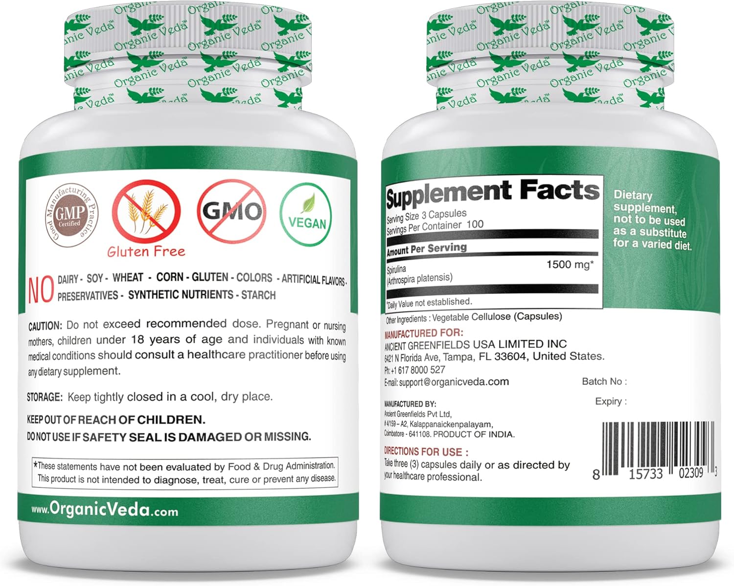1500mg Organic Veda Spirulina Capsules - Green Superfood Supplement - Nutrient-Rich Blue-Green Algae - 300 Vegan Capsules