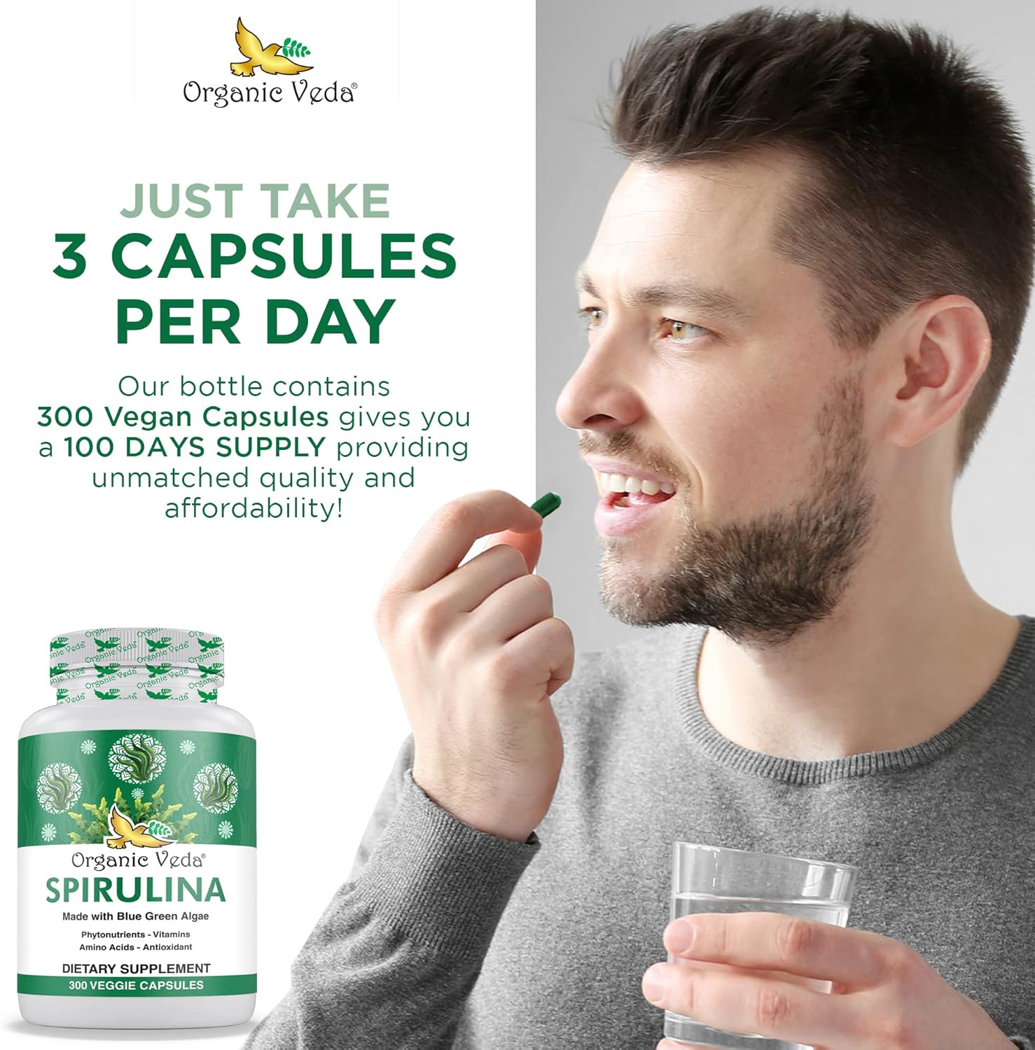 1500mg Organic Veda Spirulina Capsules - Green Superfood Supplement - Nutrient-Rich Blue-Green Algae - 300 Vegan Capsules