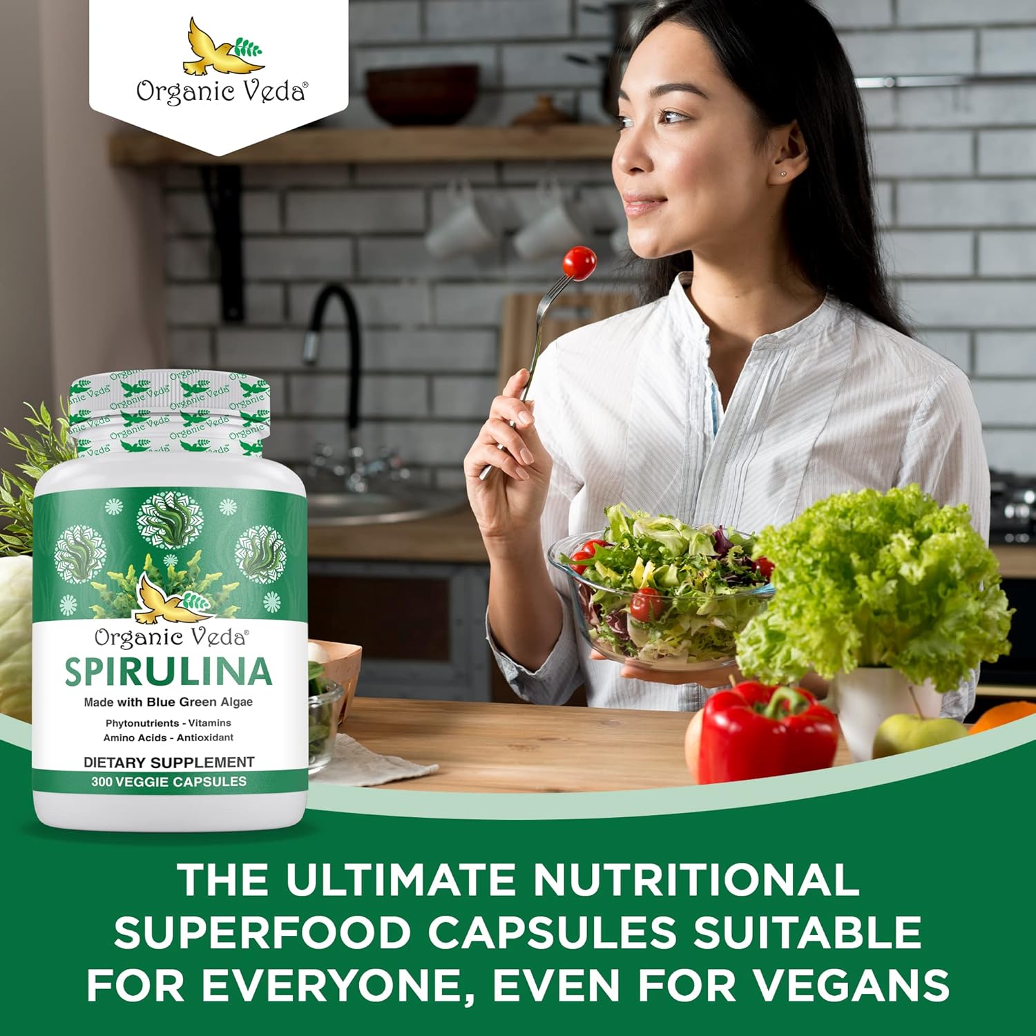 1500mg Organic Veda Spirulina Capsules - Green Superfood Supplement - Nutrient-Rich Blue-Green Algae - 300 Vegan Capsules
