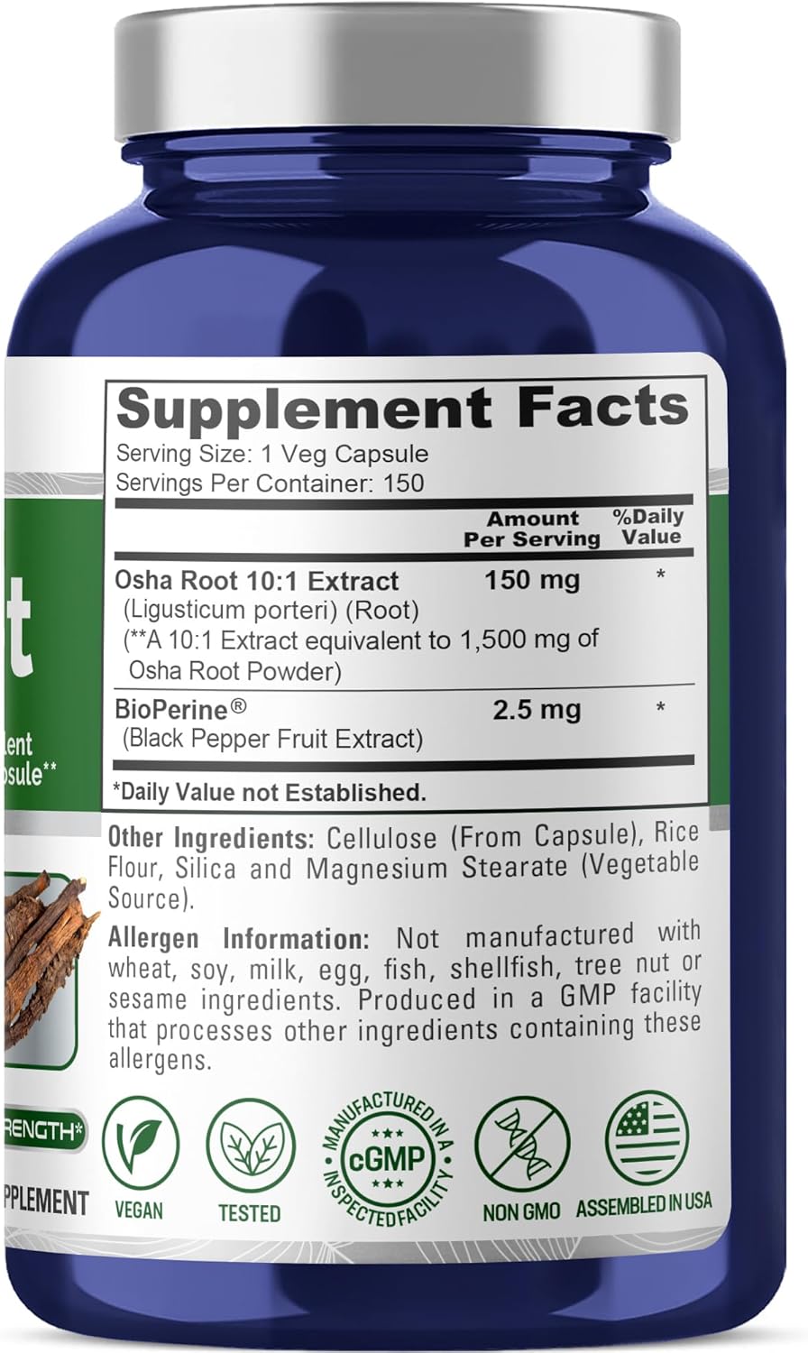 1500mg OSHA Root Extract Capsules - 150 Count, Non-GMO, Vegan, Bioperine - Ligusticum Porteri Supplement