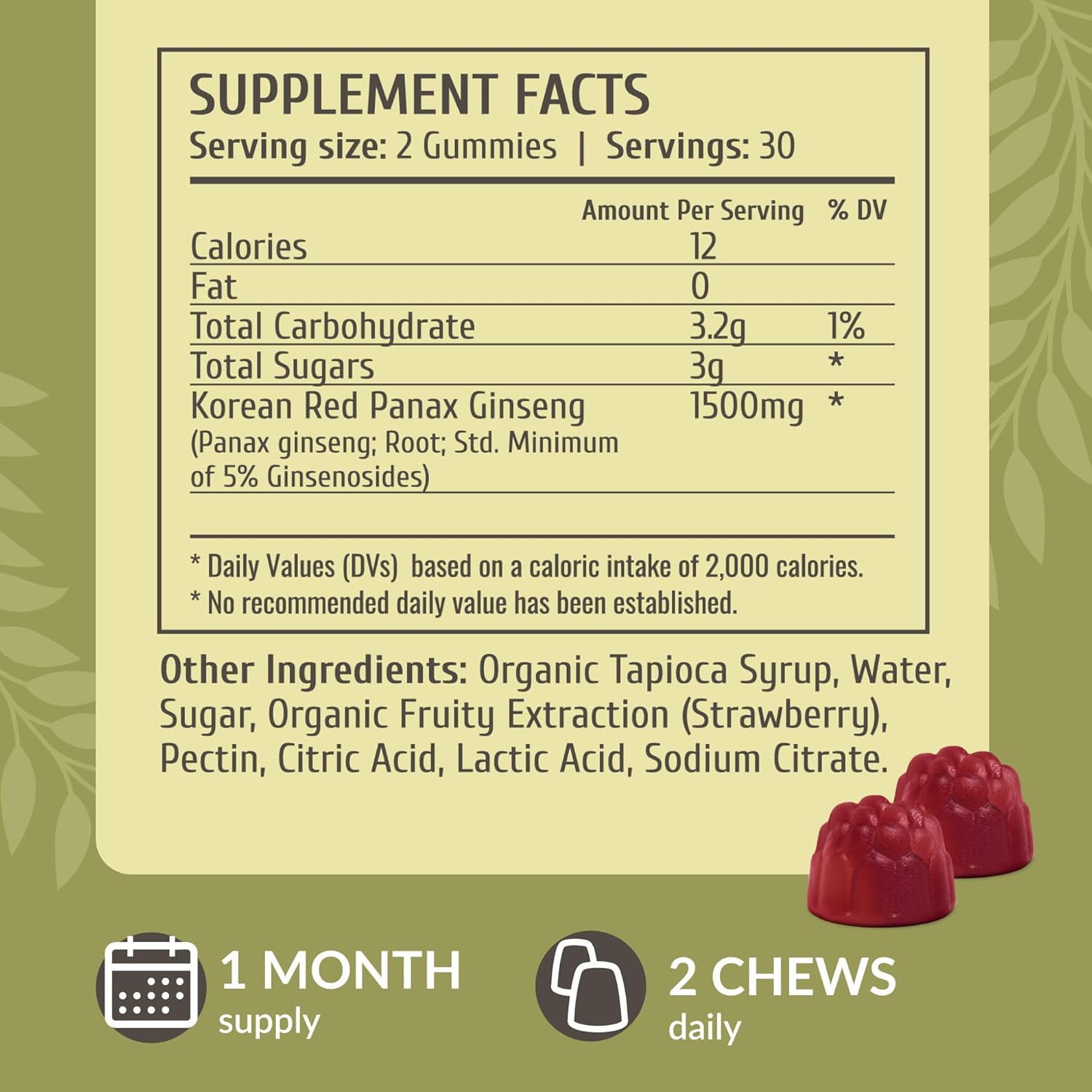 1500mg Panax Ginseng Gummies for Energy and Immune Support - Vegan Korean Red Ginseng Root Supplement - 60 Strawberry-Flavored Chews - BoostGo Australia