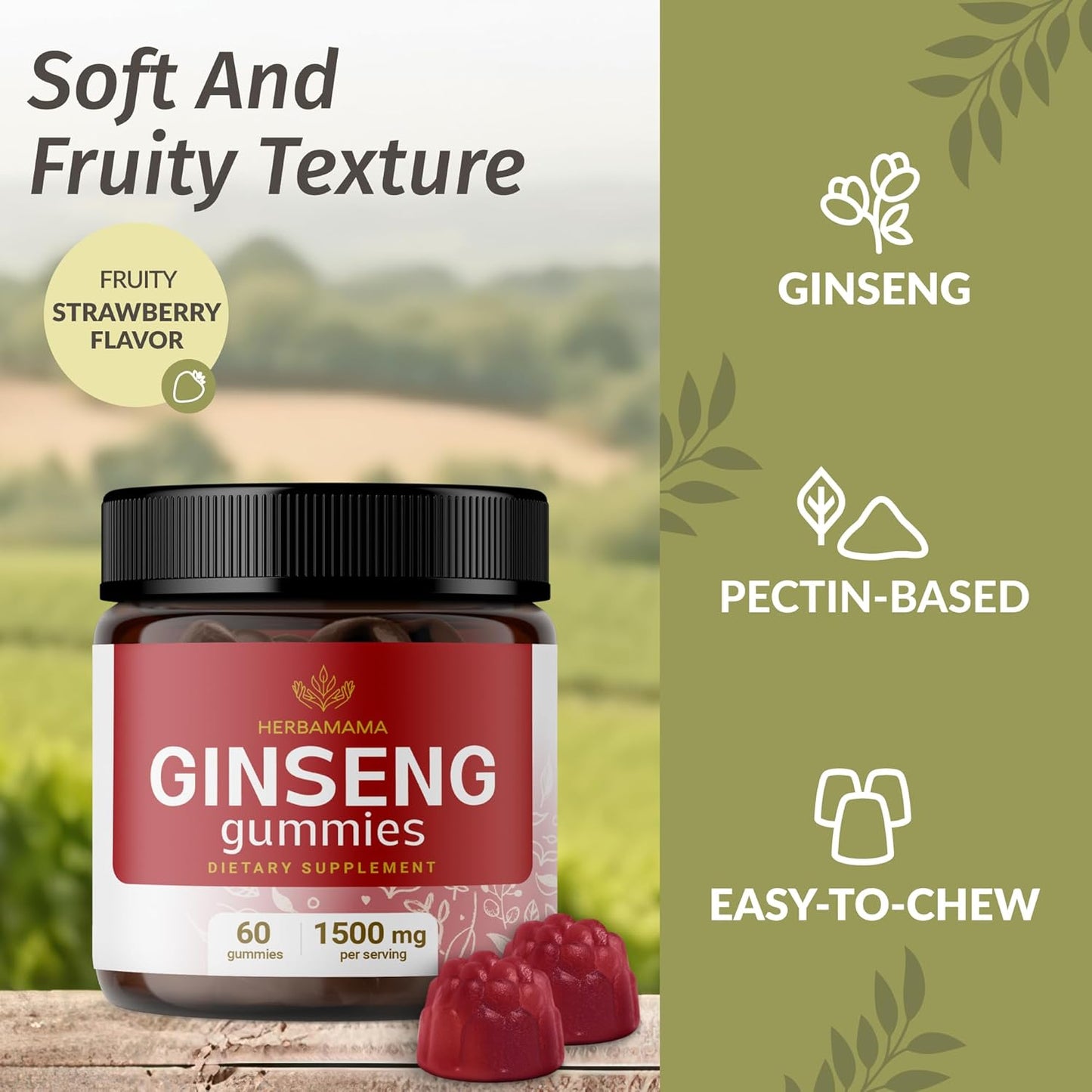 1500mg Panax Ginseng Gummies for Energy and Immune Support - Vegan Korean Red Ginseng Root Supplement - 60 Strawberry-Flavored Chews - BoostGo Australia