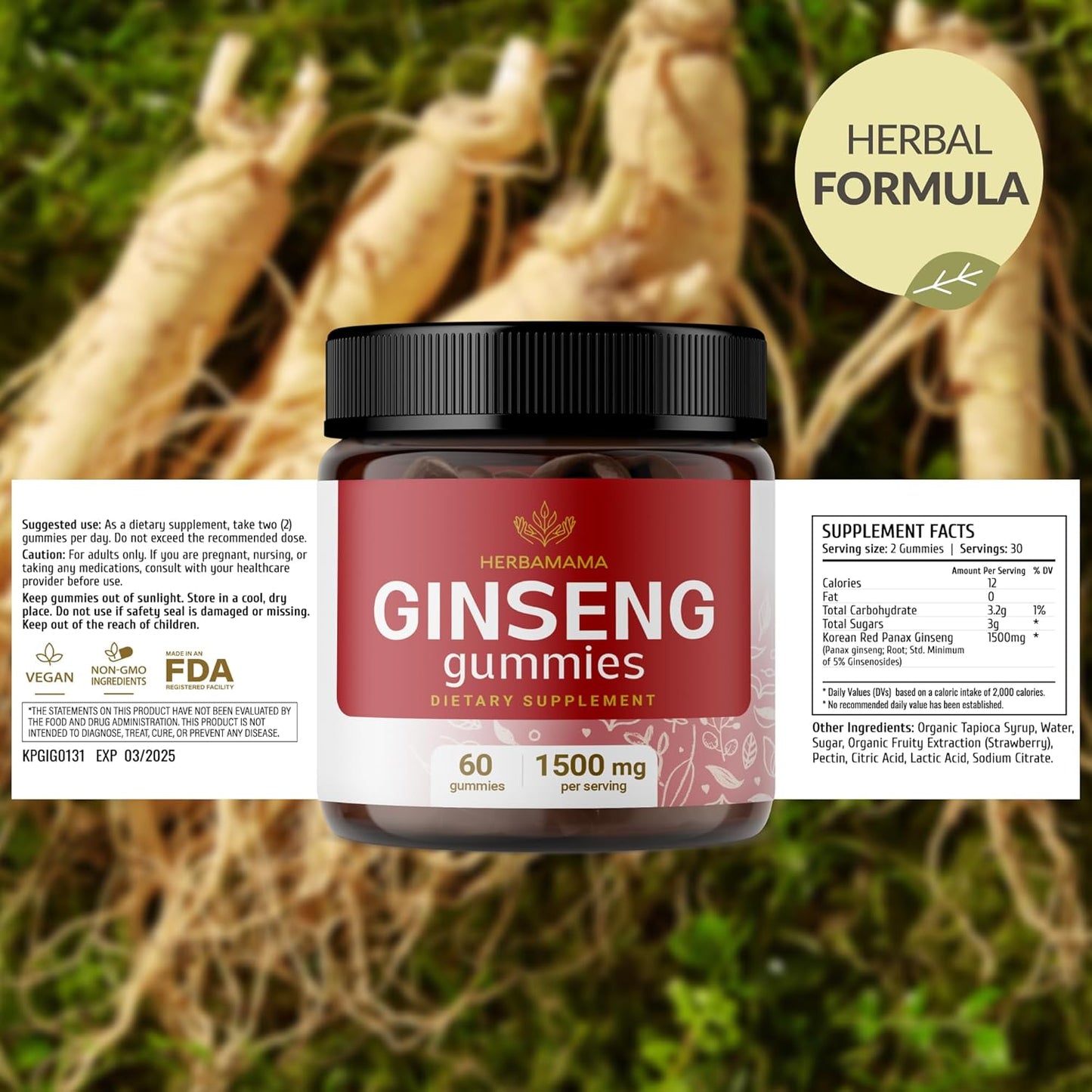 1500mg Panax Ginseng Gummies for Energy and Immune Support - Vegan Korean Red Ginseng Root Supplement - 60 Strawberry-Flavored Chews - BoostGo Australia