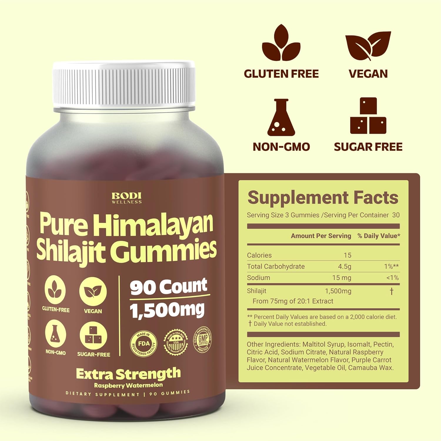 1500mg Pure Himalayan Shilajit Gummies - 180 Vegan & Sugar-Free with 85+ Trace Minerals for Natural Energy - Non-GMO Supplement for Men & Women