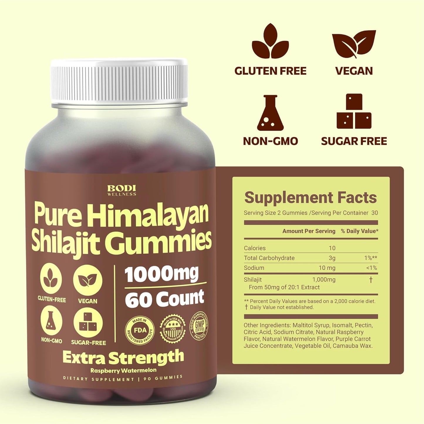 1500mg Pure Himalayan Shilajit Gummies - 90 Vegan, Sugar-Free Gummies with 85+ Trace Minerals & Fulvic Acid - Non-GMO Supplement for Men & Women by Bodi Wellness