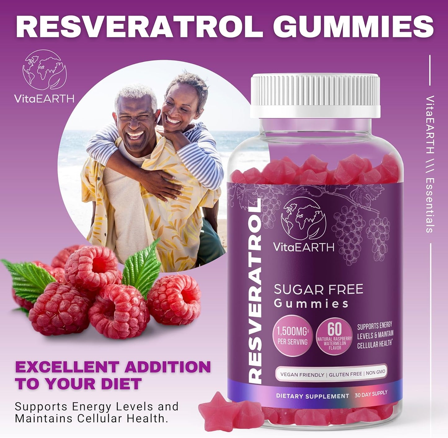 1500mg Resveratrol Gummies for Anti Aging, Heart, Immune System - Raspberry Watermelon Flavored Antioxidants