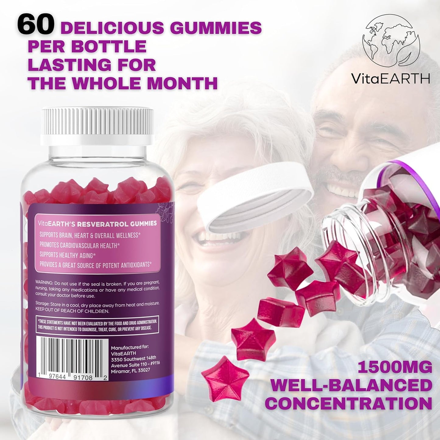1500mg Resveratrol Gummies for Anti Aging, Heart, Immune System - Raspberry Watermelon Flavored Antioxidants