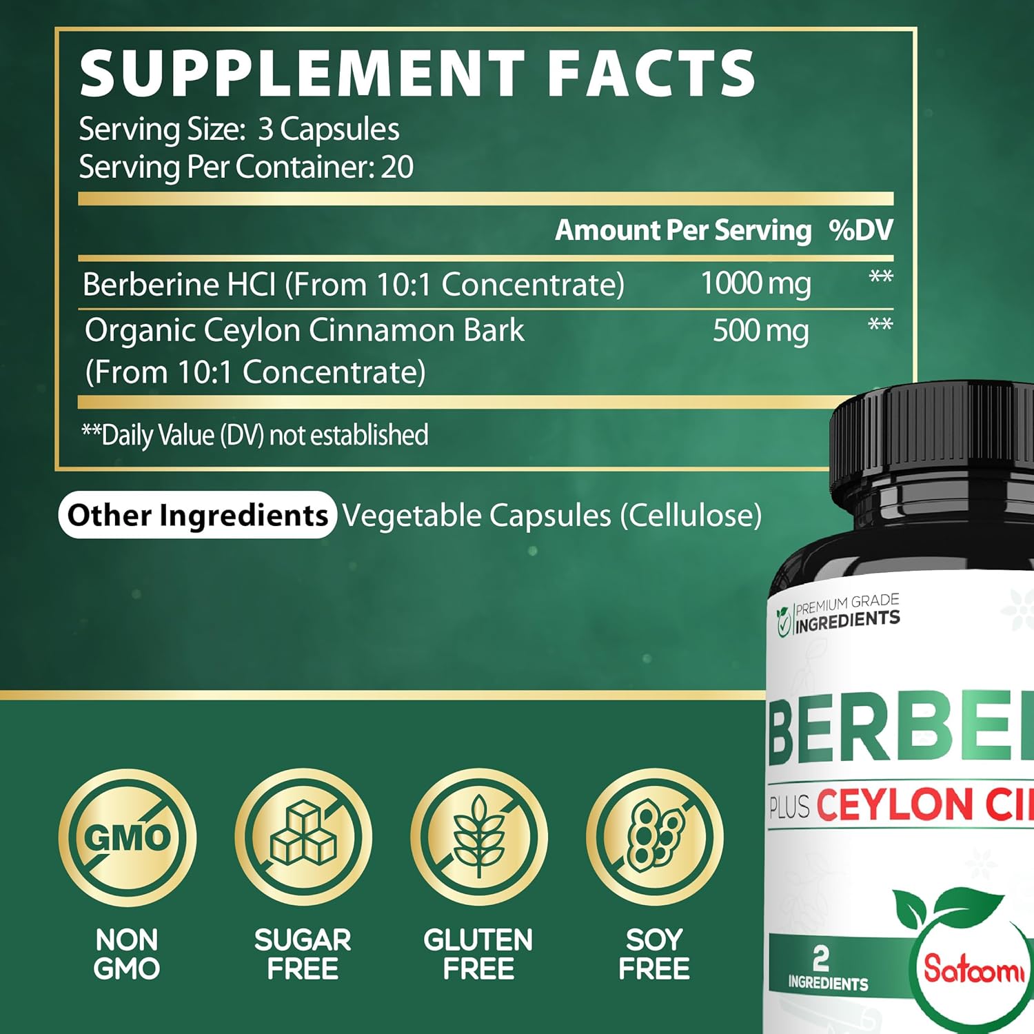 1500mg Satoomi Berberine & Ceylon Cinnamon Capsules - Immune Support, Digestive Health, Energy - 60ct - Gluten-Free, Non-GMO