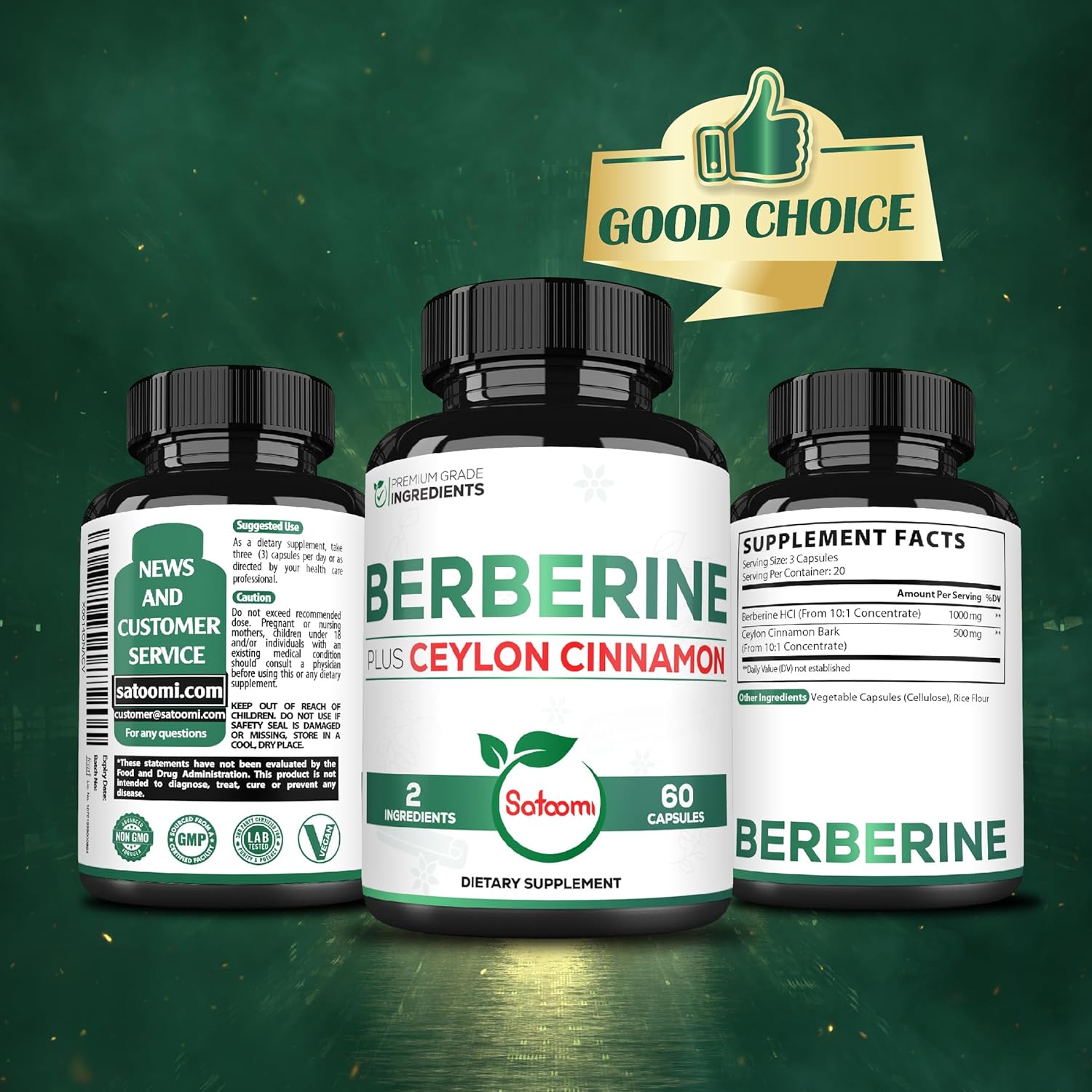 1500mg Satoomi Berberine & Ceylon Cinnamon Capsules - Immune Support, Digestive Health, Energy - 60ct - Gluten-Free, Non-GMO