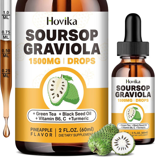 1500mg Soursop Graviola Liquid Drops with Green Tea, Black Seed Oil, Turmeric - Antioxidant & Immune Support - Natural Pineapple Flavor - 2 Fl Oz