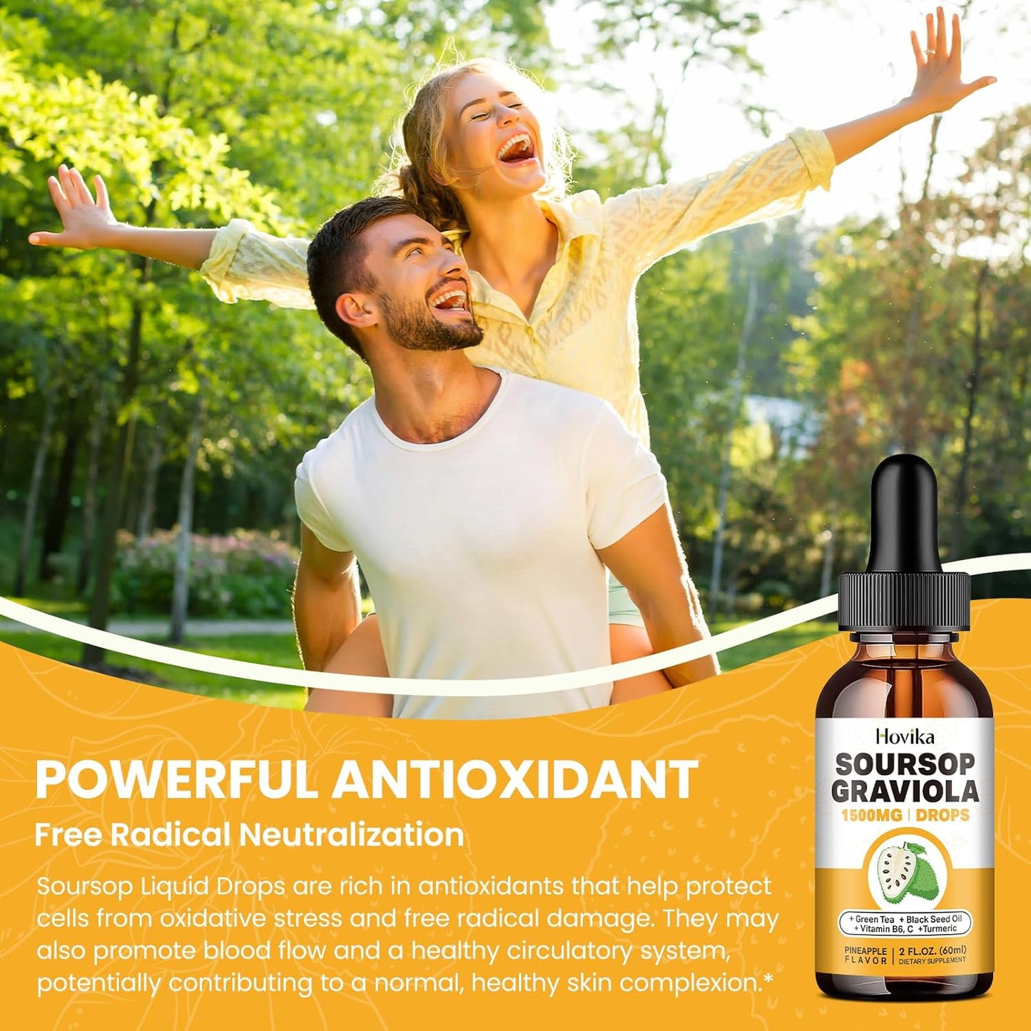 1500mg Soursop Graviola Liquid Drops with Green Tea, Black Seed Oil, Turmeric - Antioxidant & Immune Support - Natural Pineapple Flavor - 2 Fl Oz