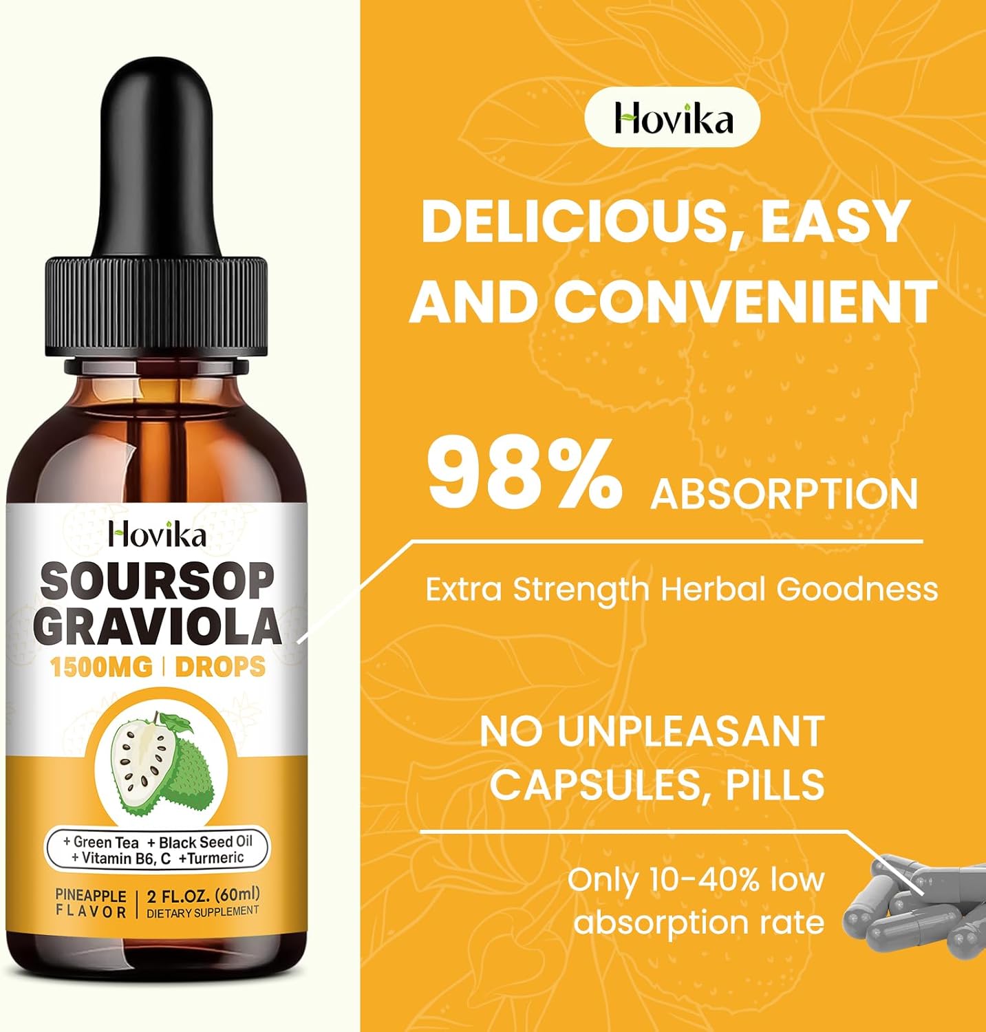 1500mg Soursop Graviola Liquid Drops with Green Tea, Black Seed Oil, Turmeric - Antioxidant & Immune Support - Natural Pineapple Flavor - 2 Fl Oz