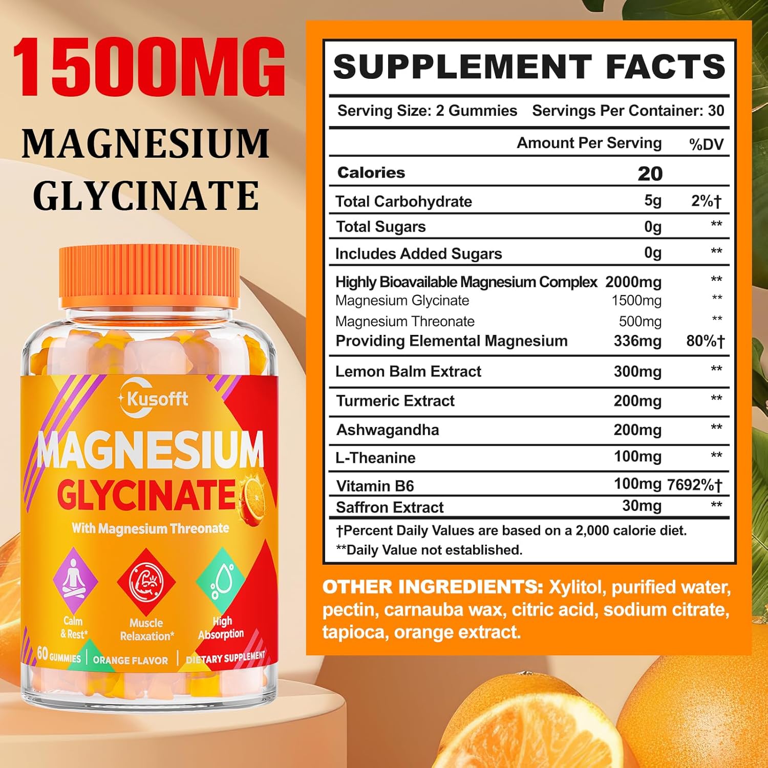 1500mg Sugar-Free Magnesium Glycinate Gummies for Women & Men by Kusofft